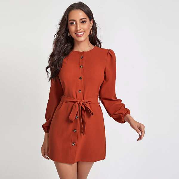 

Puff Sleeve Button Front Self Tie Fitted Dress, Red