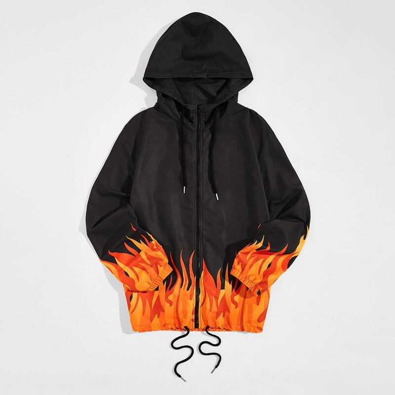 

Guys Drawstring Hem Fire Print Jacket, Black