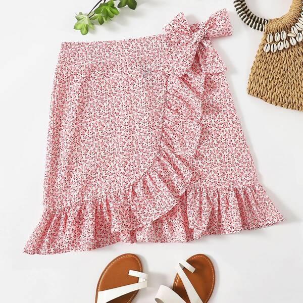 

Knot Side Ruffle Hem Ditsy Floral Skirt, Baby pink