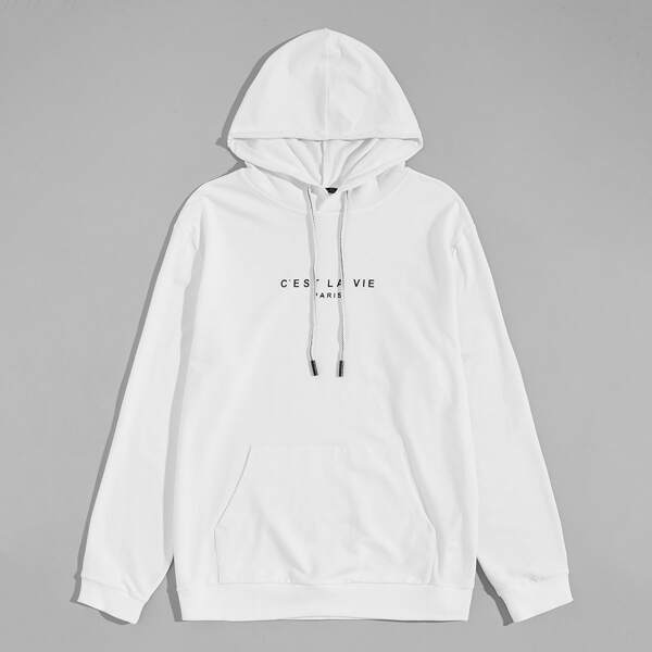 

Men Slogan Graphic Kangaroo Pocket Hoodie, White