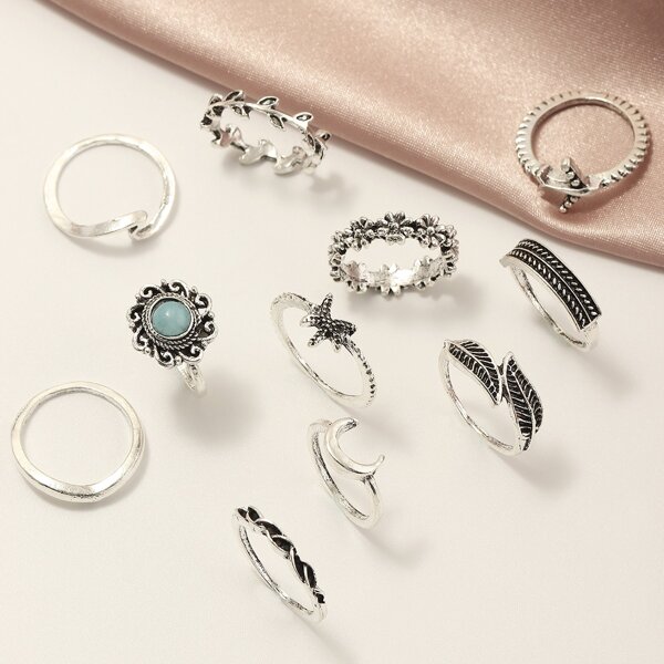 

11pcs Leaf Decor Ring, Silver