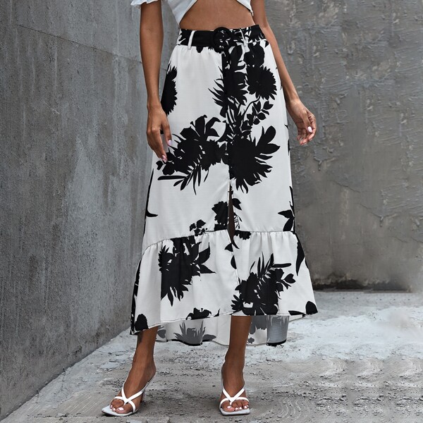

Plants Print Ruffle Hem Belted Skirt, Black and white