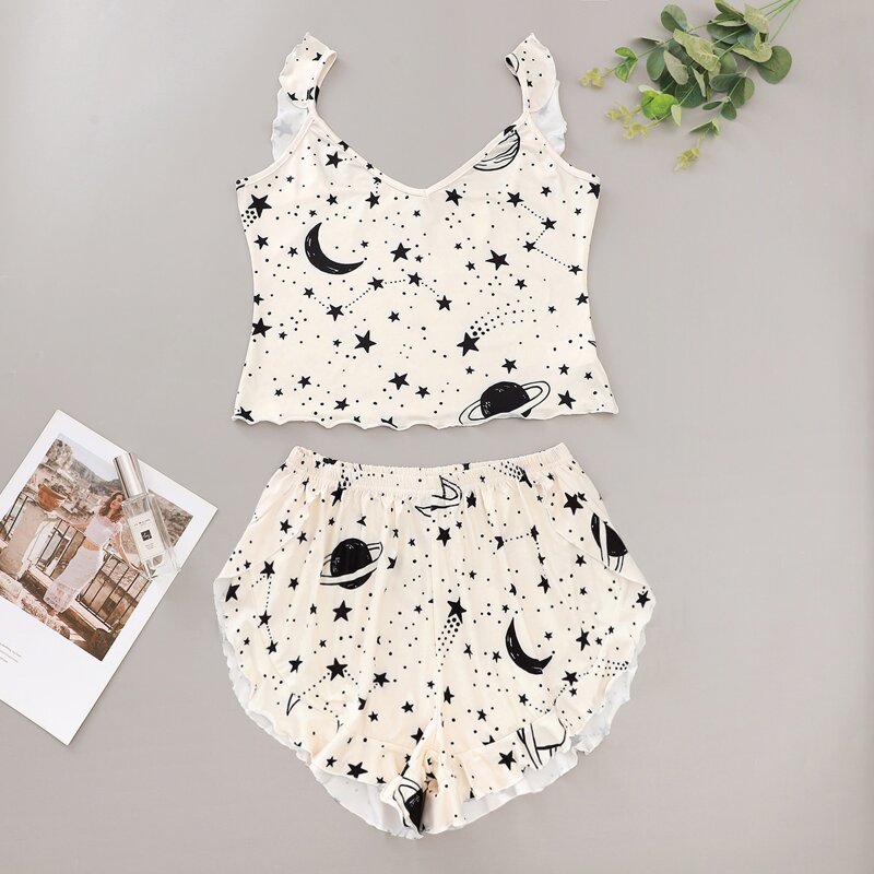

Galaxy Print Lettuce Trim Cami Pajama Set, Beige