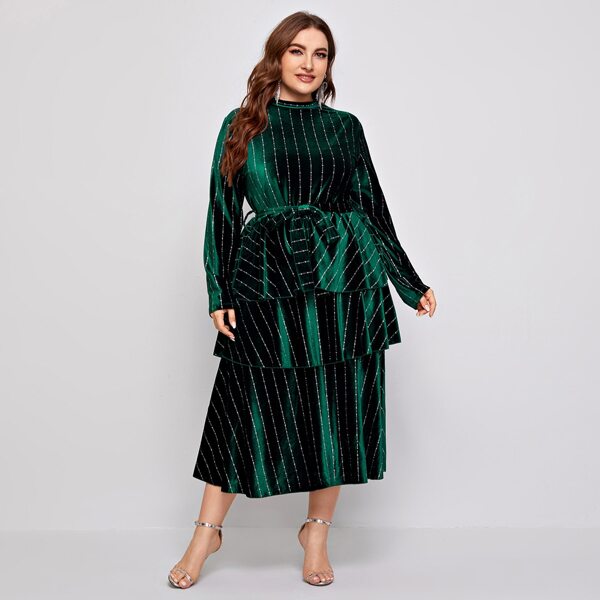 

Plus Mock Neck Striped Layered Hem Belted Velvet Dress, Dark green