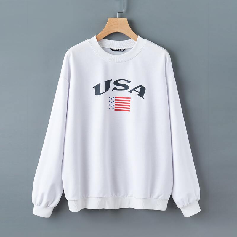 

Letter & American Flag Print Sweatshirt, White