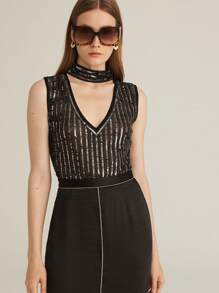 MOTF PREMIUM SEQUIN SHEER KEYHOLE NECK BODYSUIT - Black - View 1