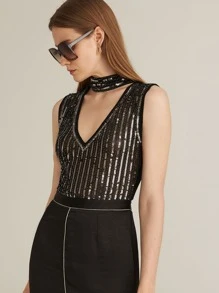 MOTF PREMIUM SEQUIN SHEER KEYHOLE NECK BODYSUIT - Black - View 5