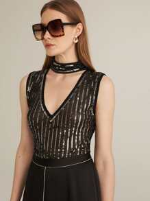 MOTF PREMIUM SEQUIN SHEER KEYHOLE NECK BODYSUIT - Black - View 6