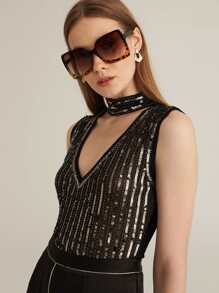 MOTF PREMIUM SEQUIN SHEER KEYHOLE NECK BODYSUIT - Black - View 7