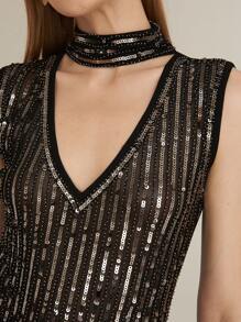 MOTF PREMIUM SEQUIN SHEER KEYHOLE NECK BODYSUIT - Black - View 9