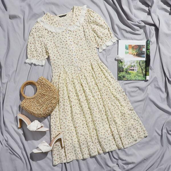 

Schiffy Trim Peter Pan Collar Ditsy Floral Dress, Yellow pastel