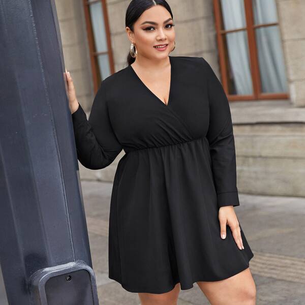 

Plus Surplice Neck Solid Dress, Black