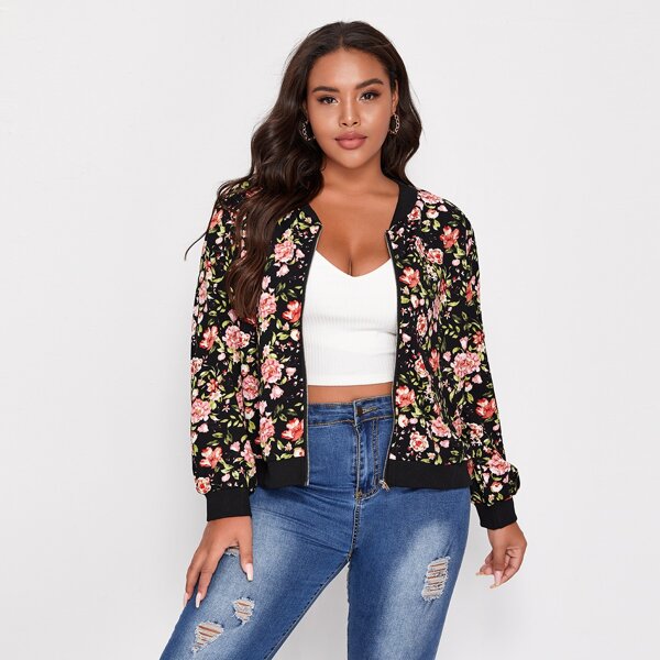 

Plus Allover Floral Zip Up Bomber Jacket, Multicolor