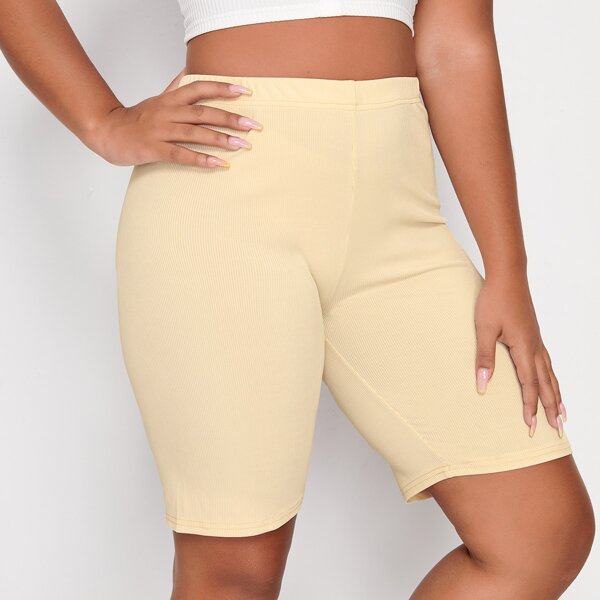 

Plus Ribbed Solid Biker Shorts, Beige