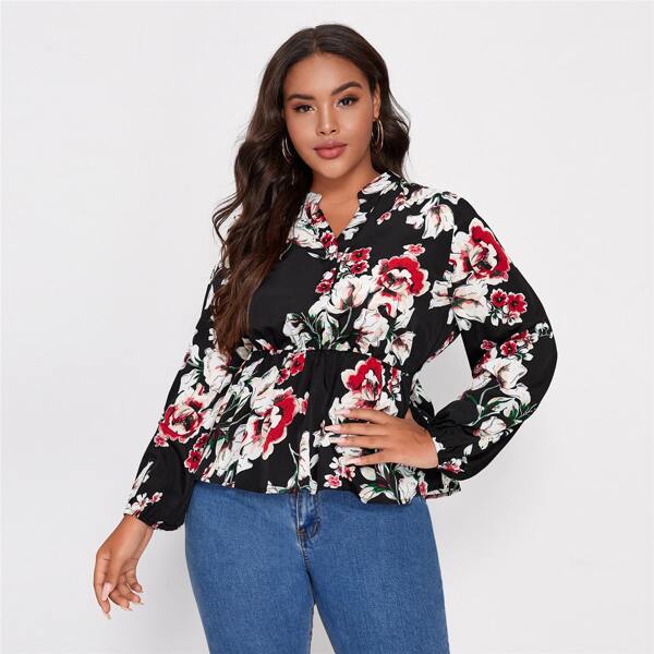 

Plus Floral Print Peplum Top, Multicolor