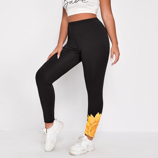 

Plus Sunflower Print High Waist Leggings, Black