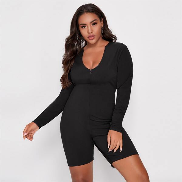 

Plus Notched Plunging Zipper Front Unitard Romper, Black