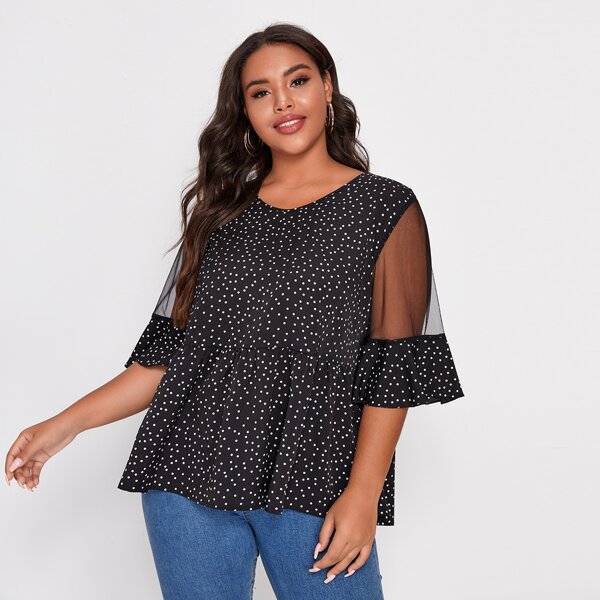 

Plus Polka Dot Mesh Sleeve Peplum Blouse, Black