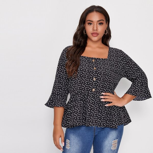 

Plus Confetti Heart Button Front Peplum Blouse, Black