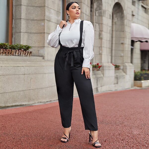 

Plus Solid Belted Suspender Pants, Black