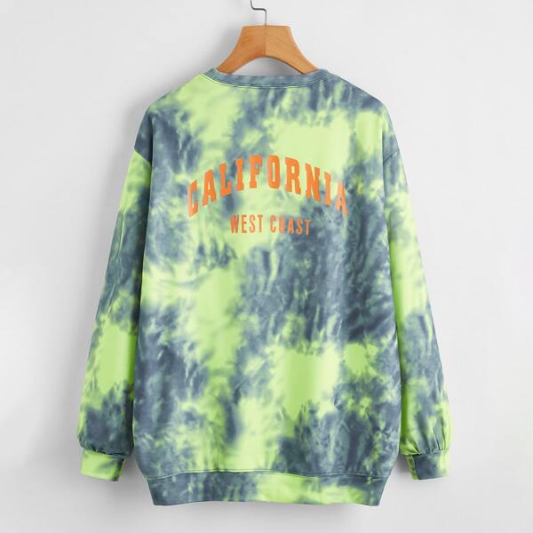 

Drop Shoulder Tie Dye Slogan Graphic Pullover, Multicolor
