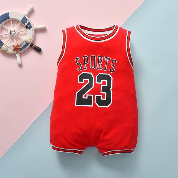 

Baby Boy Striped Tape Letter Graphic Romper, Red