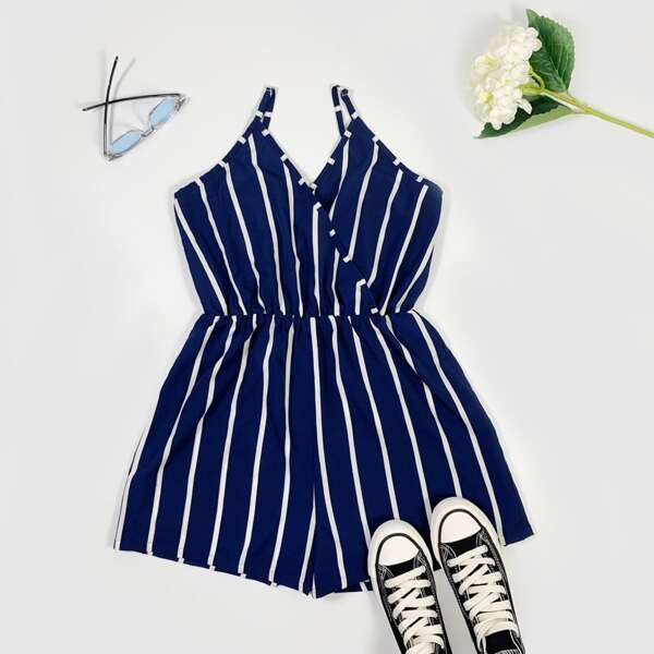 

Plus Striped Surplice Front Cami Jumpsuit, Navy blue
