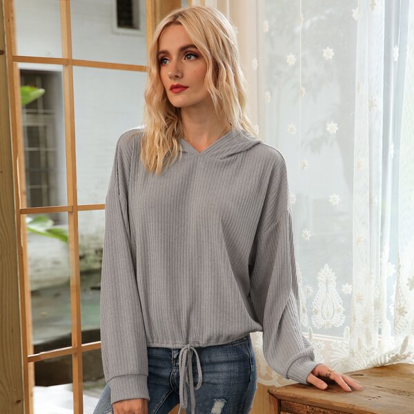 

Rib-Knit Drawstring Hem Hoodie, Grey