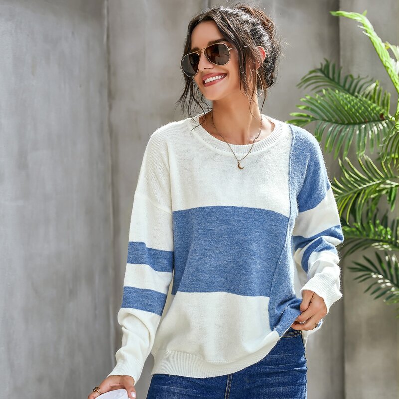 

Two Tone Seam Drop Shoulder Sweater, Blue and white