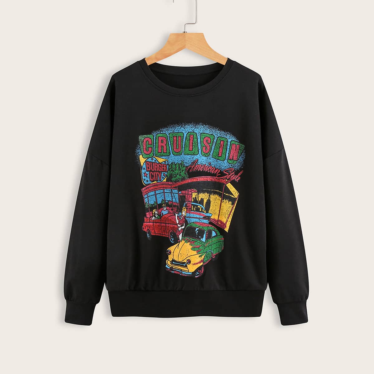 

Letter & Car Print Drop Shoulder Sweatshirt, Black