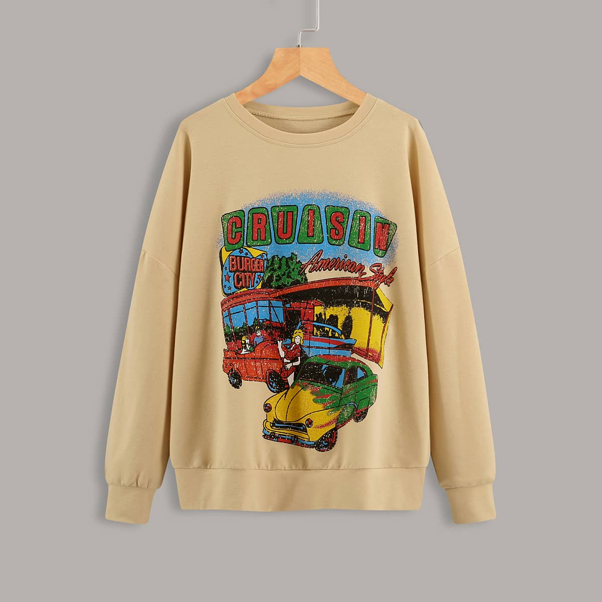 

Letter & Car Print Drop Shoulder Sweatshirt, Khaki
