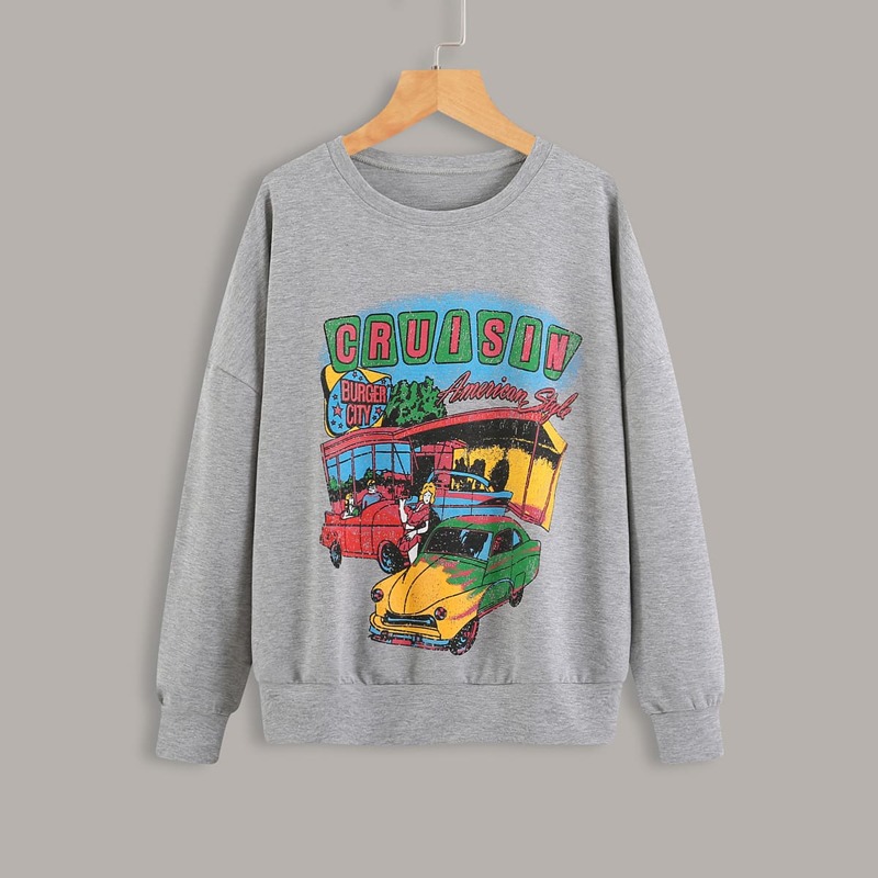 

Letter & Car Print Drop Shoulder Sweatshirt, Grey