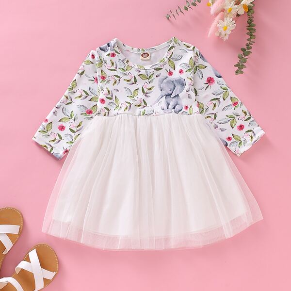 

Baby Girl Elephant And Floral Print Contrast Mesh Dress, Multicolor