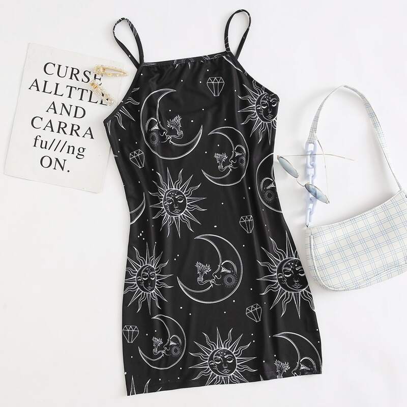 

Sun & Moon Graphic Cami Dress, Black