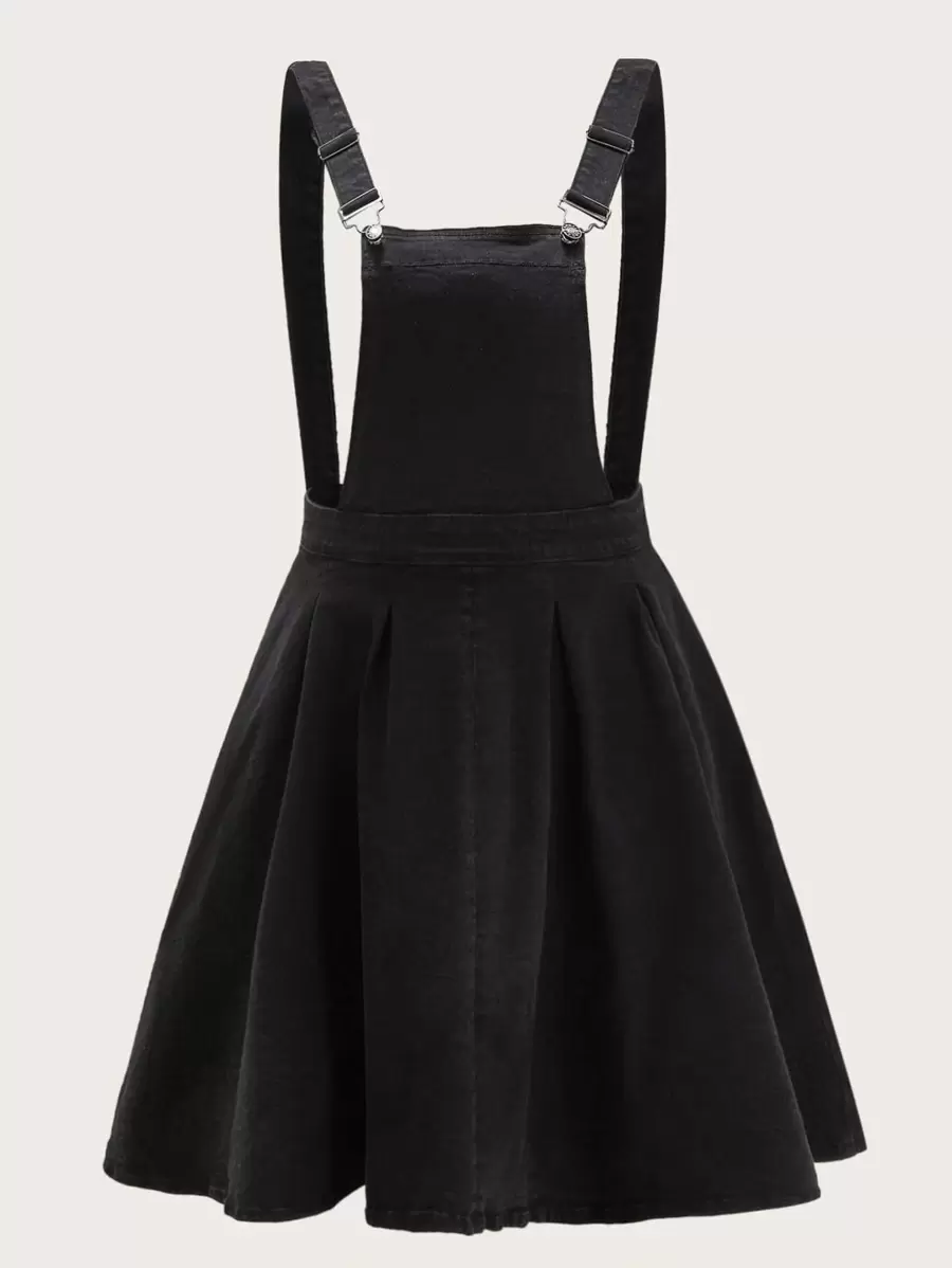 Plus Boxy Pleated Hem Denim Pinafore Dress - Black - View 1