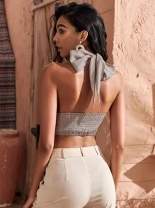 Plunging Neck Tie Back Shirred Crop Top - Grey - View 2