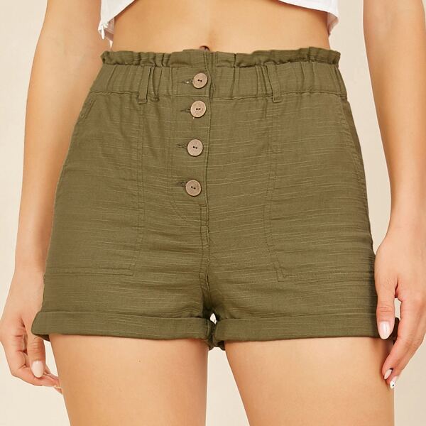 

Elastic Waist Button Fly Linen Shorts, Olive green