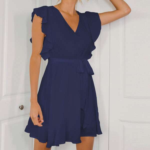 

Tie Back Ruffle Trim Belted Dress, Navy blue
