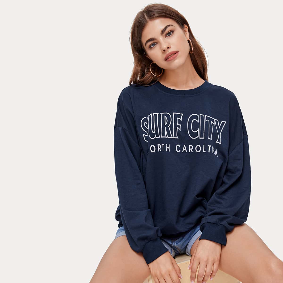 

Letter Graphic Drop Shoulder Sweatshirt, Navy blue