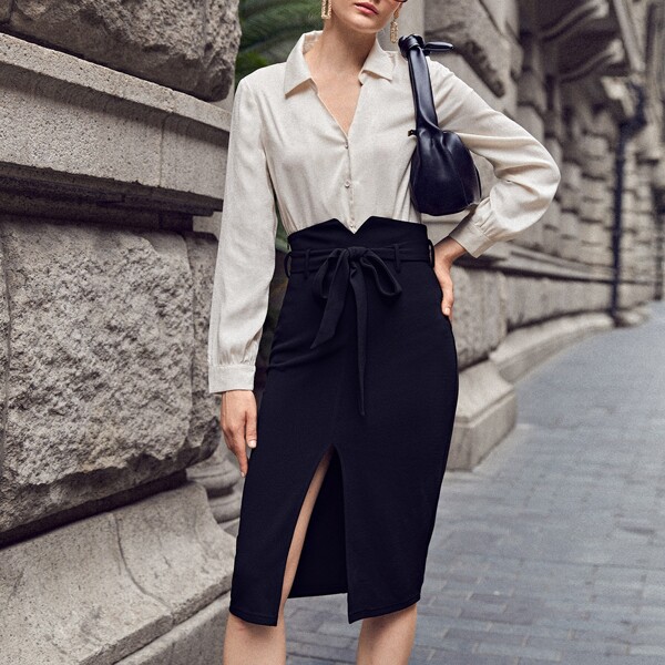 

Asymmetrical Waist Split Hem Belted Skirt, Navy blue