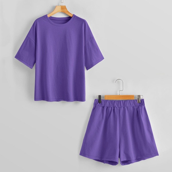 

Drop Shoulder Sports Tee With Shorts, Violet purple