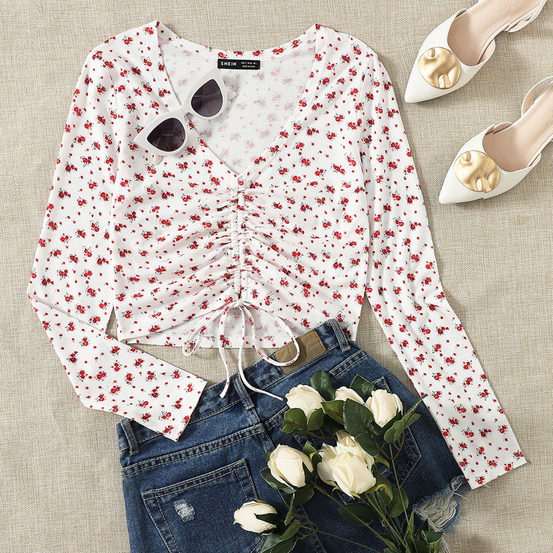 

Ruched Drawstring Front Ditsy Floral Tee, White