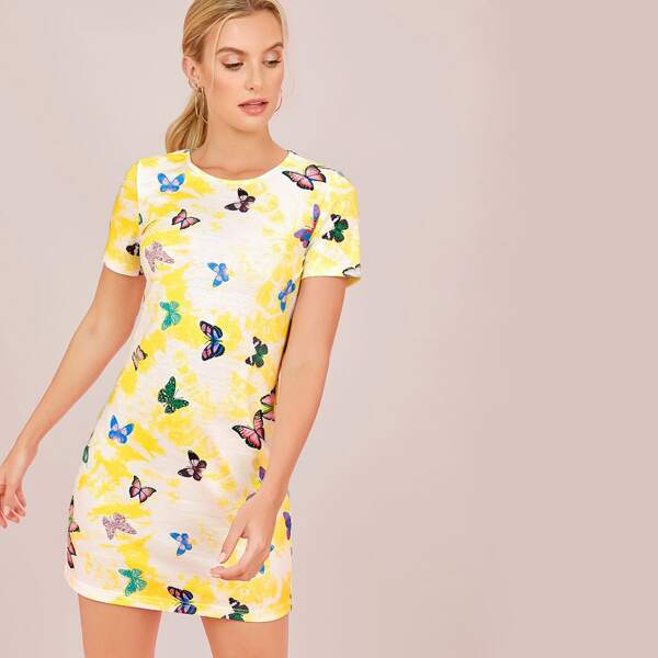 

Butterfly Print Tie Dye Dress, Multicolor