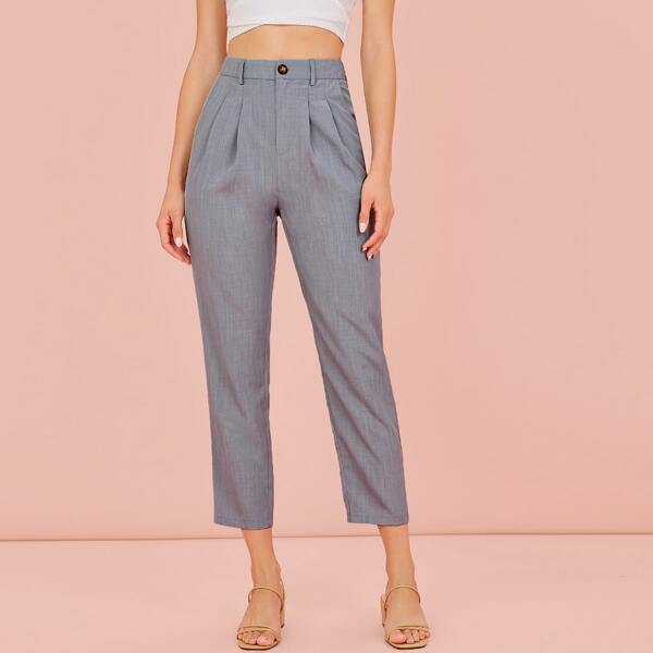 

Zipper Fly Fold Pleated Cropped Pants, Grey