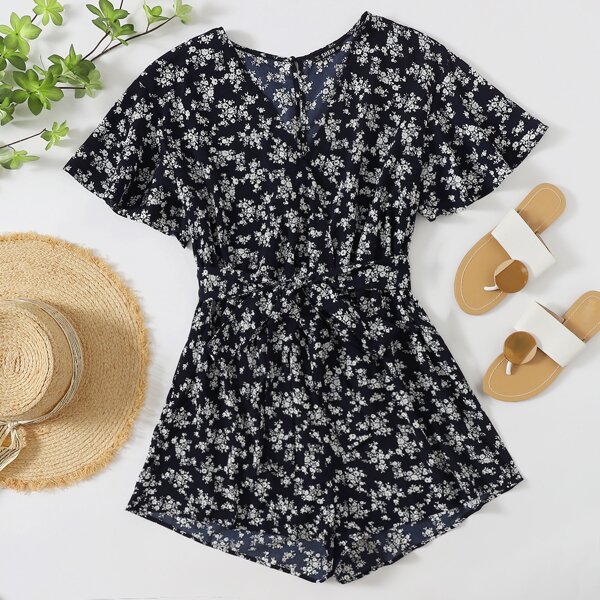 

Plus Ditsy Floral Surplice Neck Butterfly Sleeve Belted Romper, Navy blue