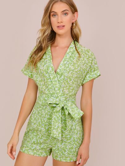 Ditsy Floral Shawl Collar Belted Romper
