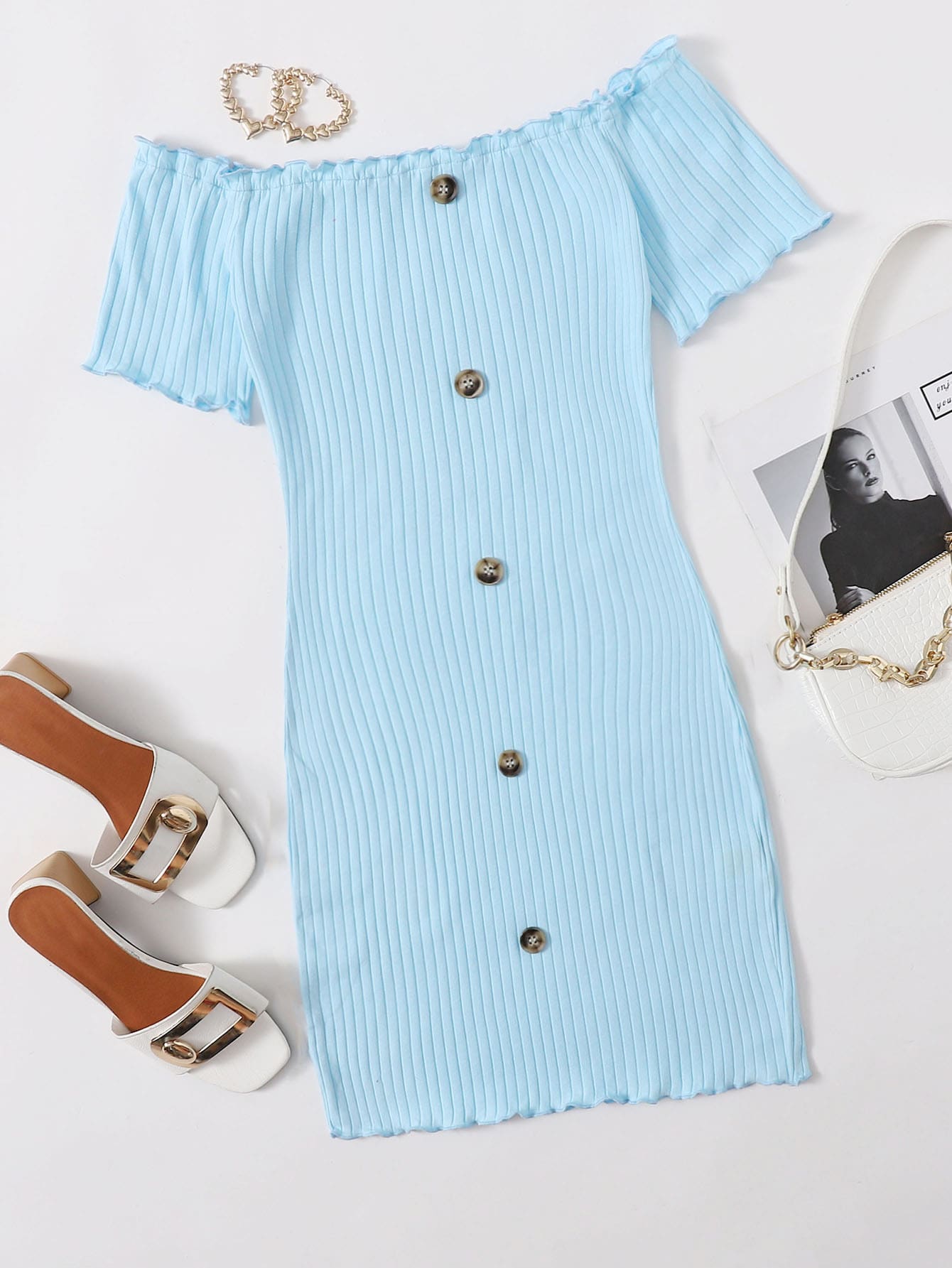 SHEIN Privé Button Front Lettuce Edge Bardot Dress - Baby Blue - View 1