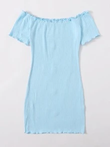 SHEIN Privé Button Front Lettuce Edge Bardot Dress - Baby Blue - View 2