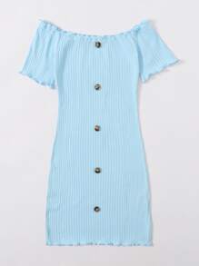 SHEIN Privé Button Front Lettuce Edge Bardot Dress - Baby Blue - View 3