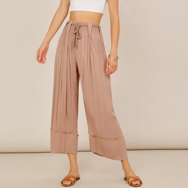 

Shirred Waist Fold Pleated Palazzo Pants With Rope Belt, Dusty pink